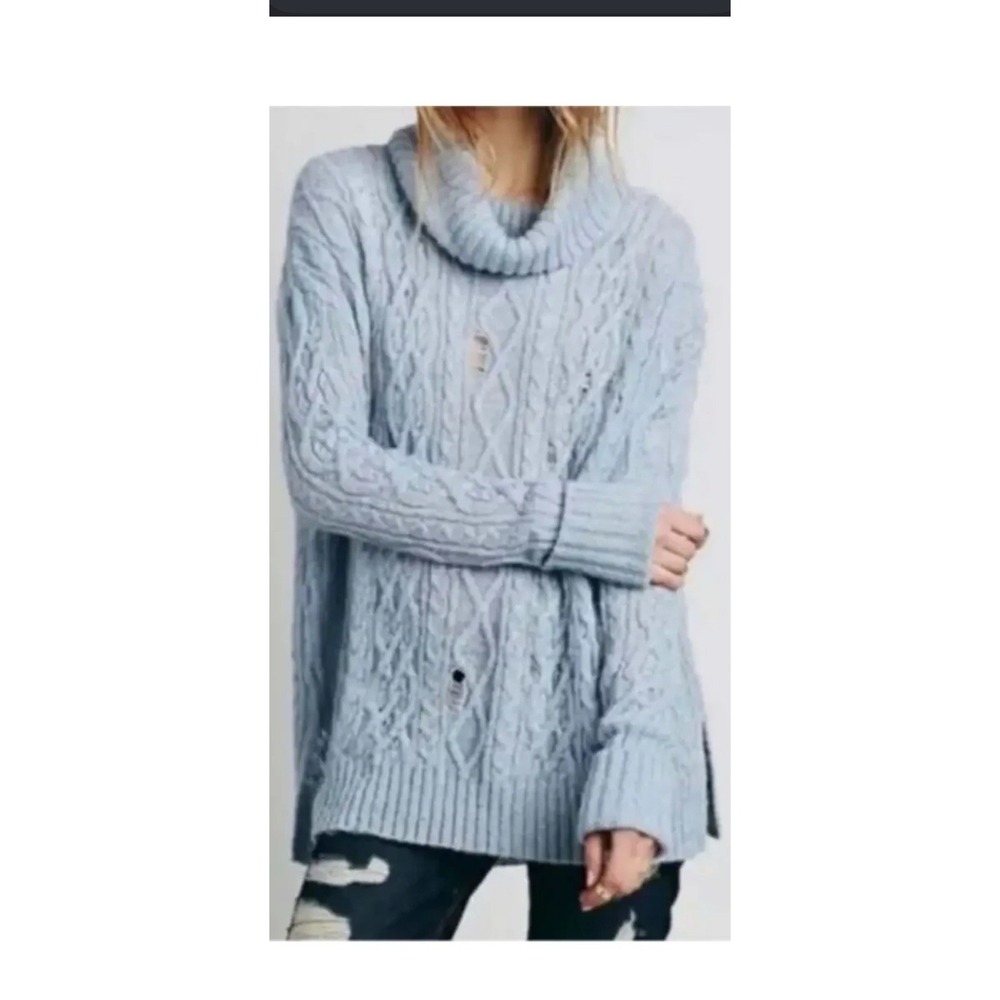 Free People Complex Distressed Cable Knit Cowl Neck Sweater Light Blue size SP